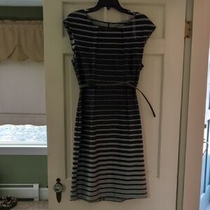 Connected Apparel Black and Gray Striped Midi Dress